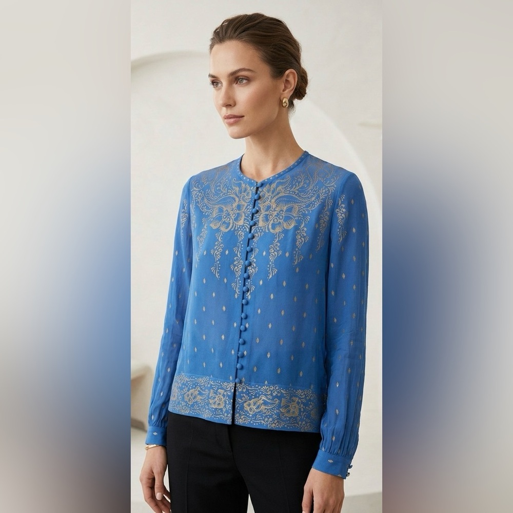 Isabel Marant Etoile Cerulean Blue Gold Printed Silk Button Front Top Size 38